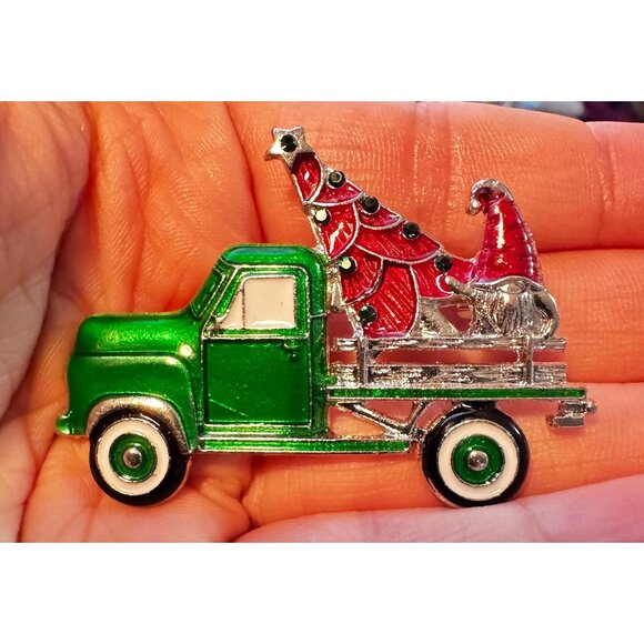 Christmas Green Truck Brooch with Gnome and Tree, Enamel Holiday Pin, Costume - Picture 1 of 3